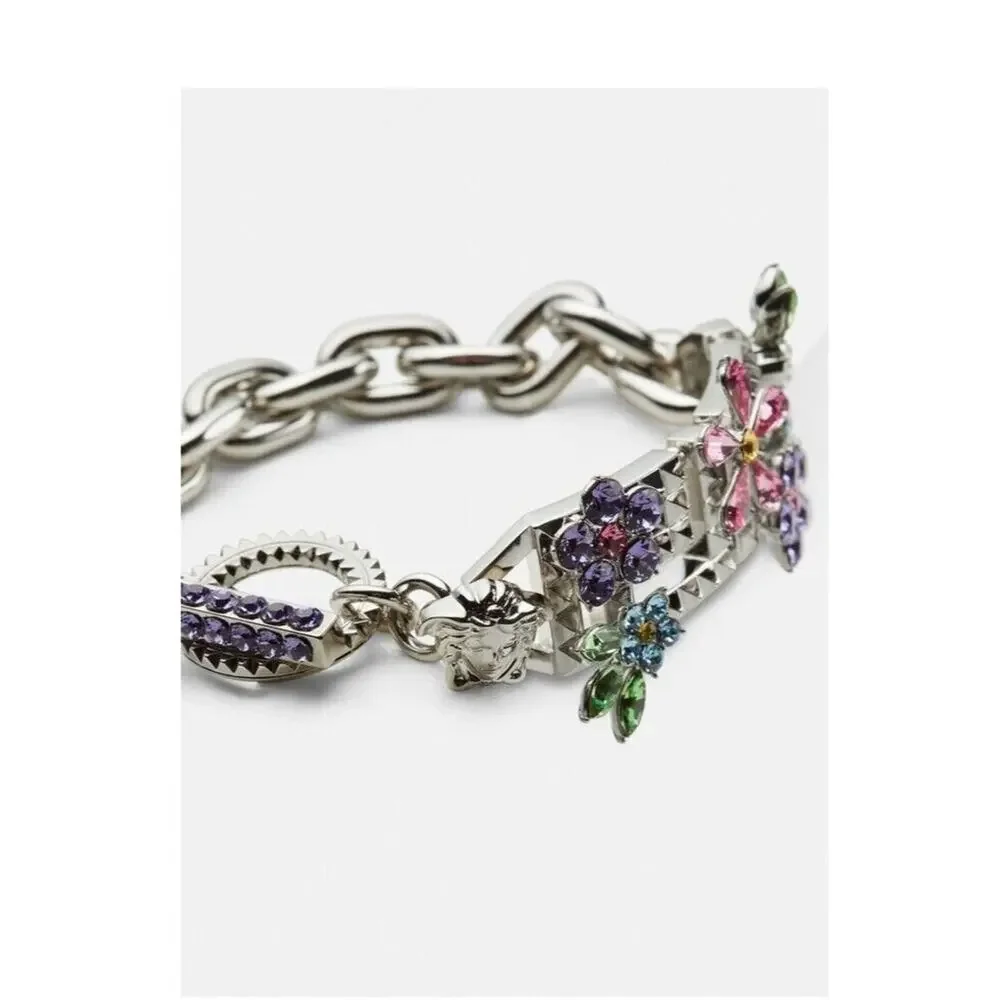 NIB Versace Multicolor Crystal Flower Bloom Greca Bracelet Silver Tone L $1,125